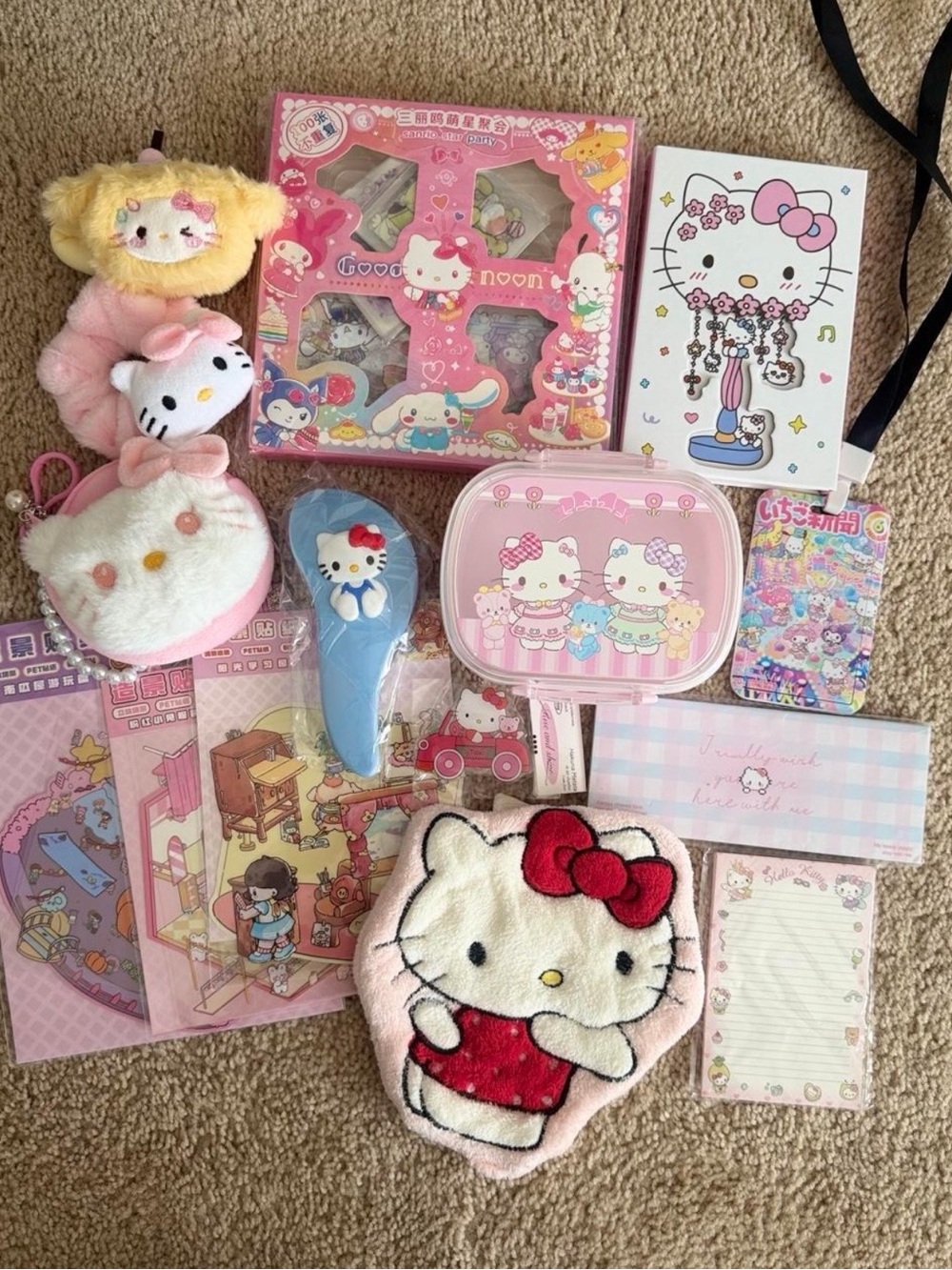 Hello Kitty Pink Plush & Accessory Bundle - White, Red, Yellow Accents